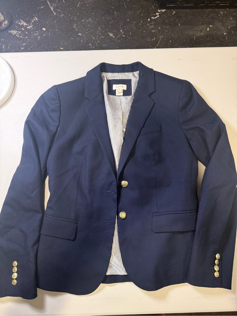 J.Crew Navy Schoolboy Blazer Size 4 Gold Crest Buttons Striped Lining Jacket